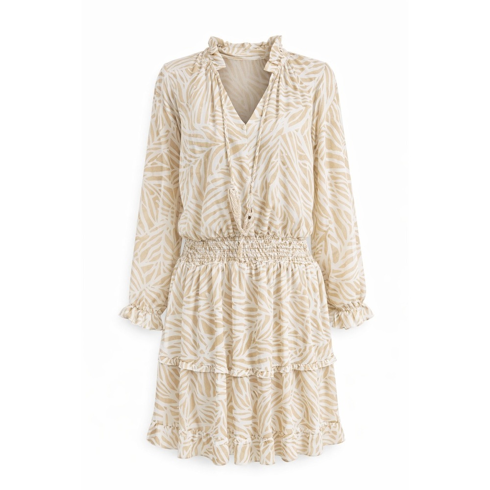Belle Beach Kim Graven Leaf Print Smocked Tiered Ruffle Dress Boho Cottagecore L